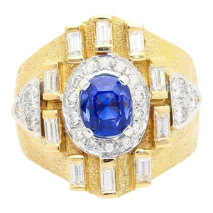 4.57 Carat No Heat Ceylon Blue Sapphire & Baguette Diamond Mens Matte Gold Ring Size 10