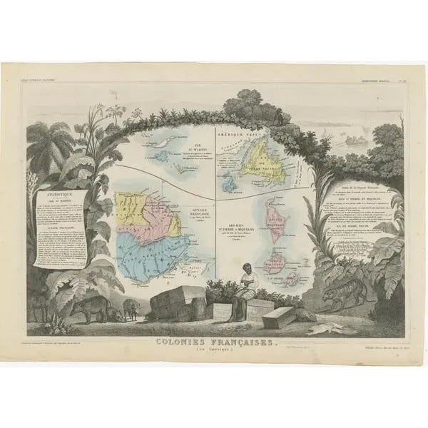 Antique map titled 'Colonies Francaises (en Amerique)'. Detailed map bordered by vignettes showing local animals, produce...
