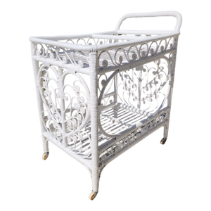 Mid Century Fiddlehead White Rattan Bar Cart