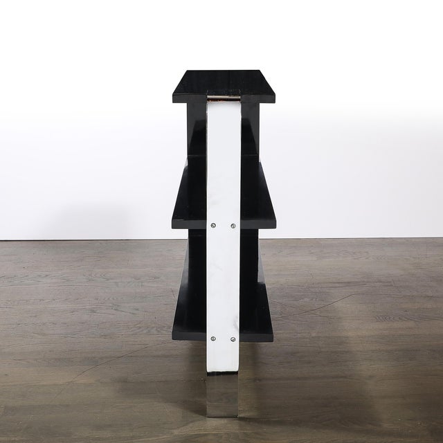 Art Deco Art Deco Streamlined 3-Tier End Table/Bookcase in Black Lacquer W/ Curved Chrome For Sale - Image 3 of 12