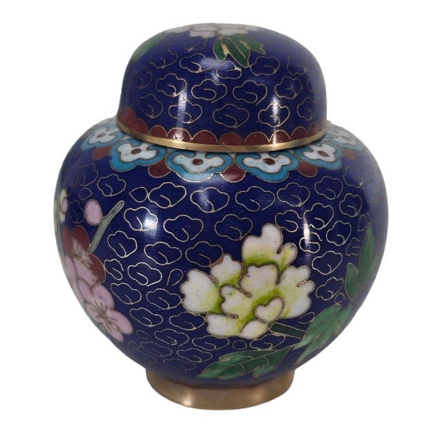 Early 20th Century Vintage Chinese Cloisonné Floral Ginger Jar, Cobalt Blue, 3.5" For Sale - Image 5 of 9