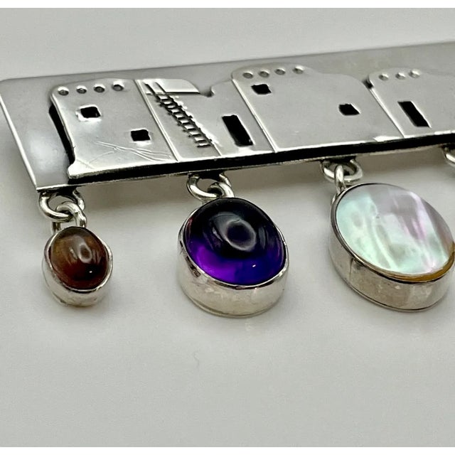1980s Native American Sterling Silver Gemstone Brooch Navajo Signed Nakai Pueblo Adobe Village For Sale - Image 5 of 7