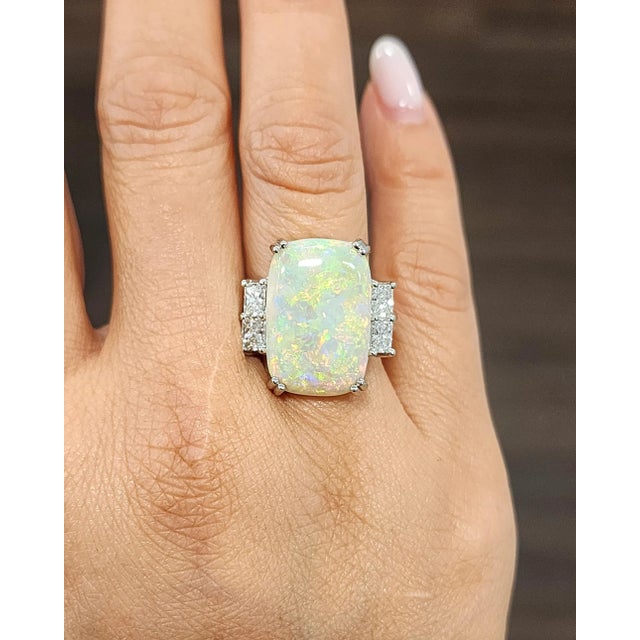 Modern 7.79 Ct Platinum Natural Australian Opal & Diamond Ring Size 7 For Sale - Image 3 of 8