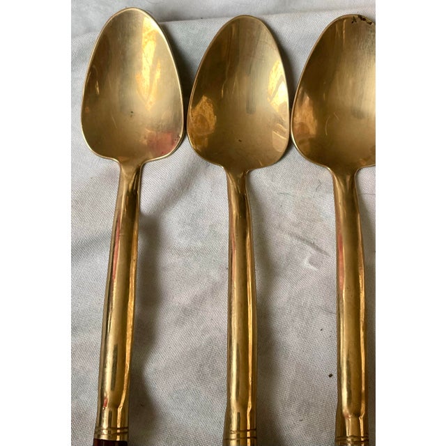 Wood Mid 20th Century Set of 5 Rosewood & Brass Ice Iced Tea Drink Spoons Flatware For Sale - Image 7 of 9