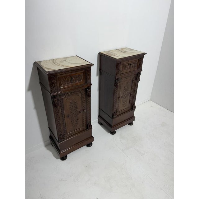 Sicilian Hand-Carved Bedside Tables with Marble Tops, 1940, Set of 2 For Sale - Image 13 of 18