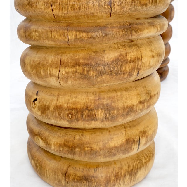 Mid-Century Modern Pair Solid Carved Wood Cylinder Shape Bases Glass Top End Side Tables Stands For Sale - Image 3 of 18