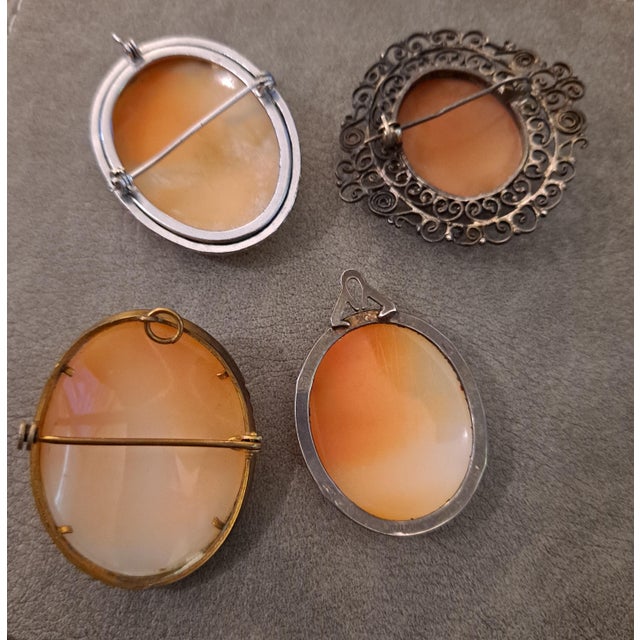 Victorian Group of 4 High Relief Cameo Pins/Pendents Carved From Bull Mouth Shell For Sale - Image 3 of 6