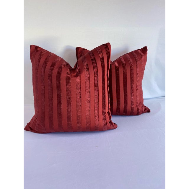 Early 21st Century Red Stripe Velvet Pillows- a Pair For Sale - Image 4 of 5