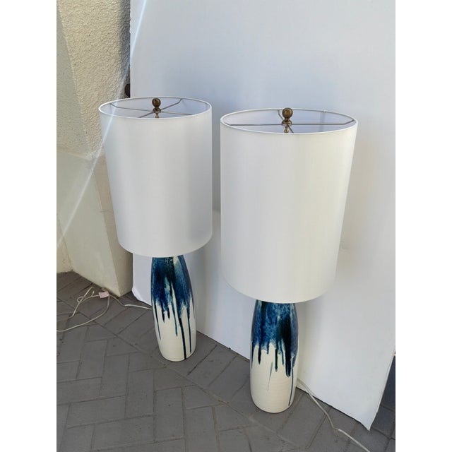 Blue Mid Century Style White & Blue Drip Lamps - Pair. For Sale - Image 8 of 11