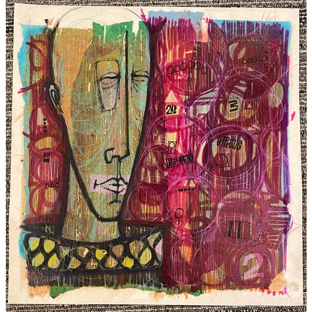 A Bernard Buffet-style MCM French inspired harlequin with abstraction. Mixed media with opaque and translucent paints,...