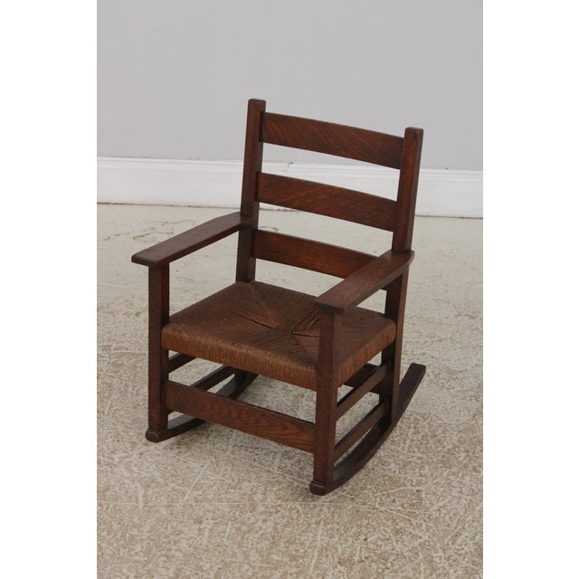 Mission Gustav Stickley Antique Mission Oak Youth Diminutive Rocking Chair For Sale - Image 3 of 15