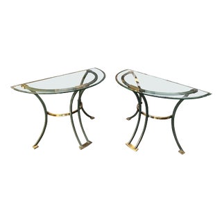 Italian Brass and Patinated Verdigris Bronze Demi-Lune Console Tables, 1980, Set of 2 For Sale