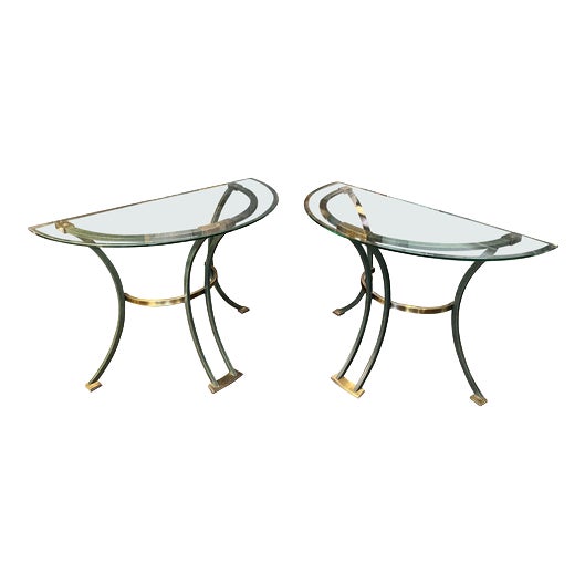 Italian Brass and Patinated Verdigris Bronze Demi-Lune Console Tables, 1980, Set of 2 For Sale