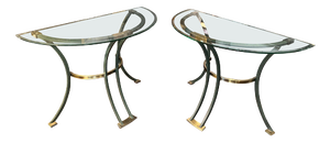 Italian Brass and Patinated Verdigris Bronze Demi-Lune Console Tables, 1980, Set of 2