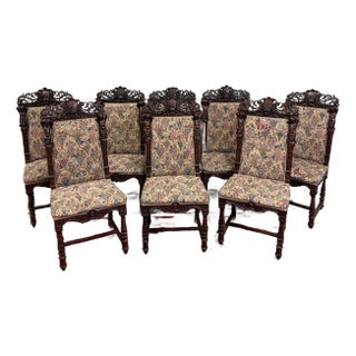 Antique French Set of 8 Dining Chairs Upholstered Carved Walnut 19thC Exquisite For Sale