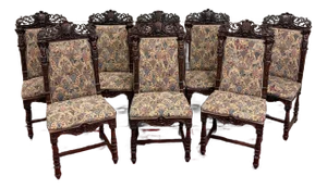 Antique French Set of 8 Dining Chairs Upholstered Carved Walnut 19thC Exquisite