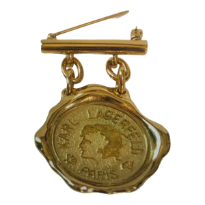 1980s Karl Lagerfeld Paris Carved Gold Plated Medallion Bar Brooch