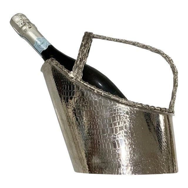 Alligator Embossed Silver Champagne or Wine Caddy With Braided Handle - Palm Beach Regency, Grandmillennial, Gift, Bar Cart Barware - Pics! For Sale