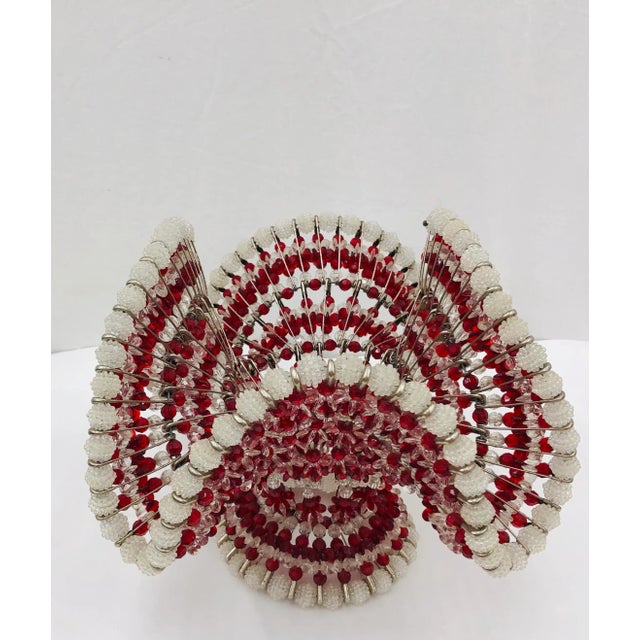 Fabulous Vintage Hand Crafted Folk Art Basket Vase, Made entirely of Metal safety pins and red and white beads. A...