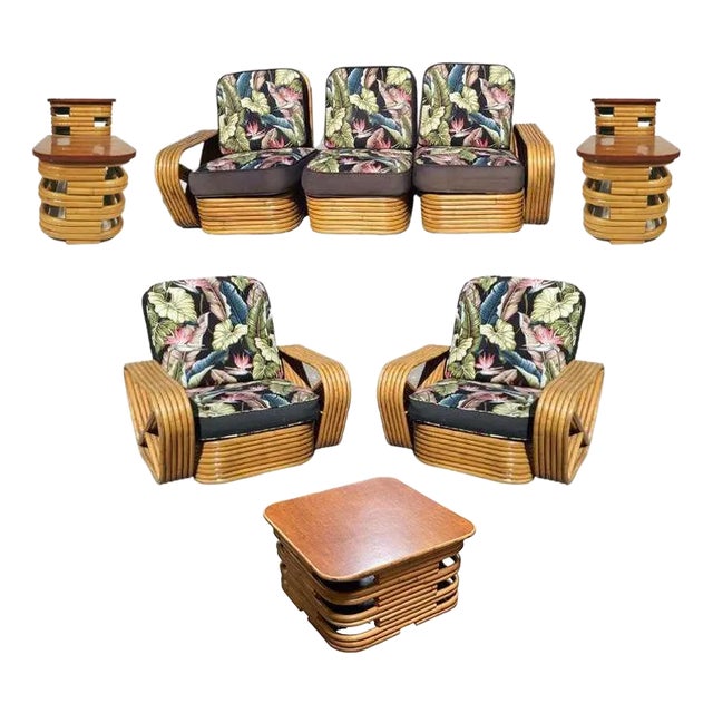 Restored 1930s 6-Strand Square Pretzel Stacked Rattan Lounge Chair, Sofa Livingroom Set - 6 Pieces For Sale