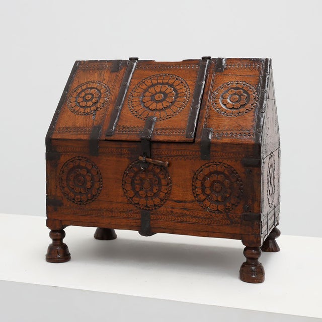 18th Century Carved Wooden Coffer with Slanted Lid and Iron Mounts, France For Sale - Image 14 of 14