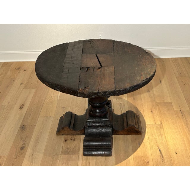 One-of-a-Kind 42” Diameter Guatemala Antique Wagon Wheel Top with Custom Cedro Wood Base from Dos Gallos, Inc. in Lis...
