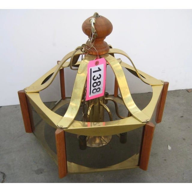 Mid-Century Modern Vintage Fredrick Ramond Brass Chandelier with Oak Accents and Glass Panels Manufactured 1984 Cerritos,...