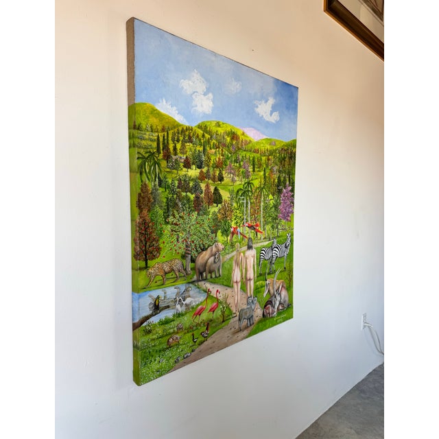 This striking oil painting by artist Giovanni Castro presents a lush and vibrant tropical landscape teeming with wildlife...