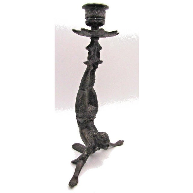 Matched Pair of Vintage Boho Patinated Bronze Acrobat Candle Holders Each measures 6" wide, 3 1/2" deep and 10" tall. This...