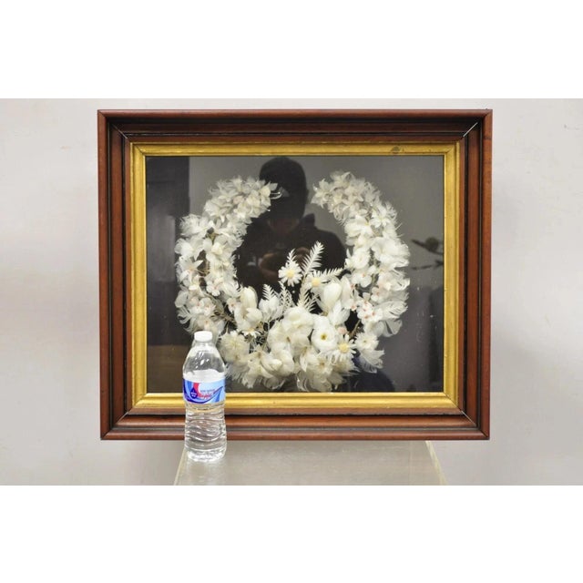 Antique Victorian White Feather Flower Mourning Wreath Mahogany Shadow Box Frame For Sale - Image 10 of 11