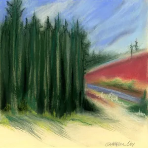 Abstracted Landscape Original Pastel Drawing, Road to Logging Site