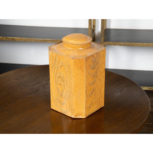 Metal 19th Century, Octagonal Lidded Tin Canister with Yellow Faux Bois Finish For Sale - Image 7 of 9