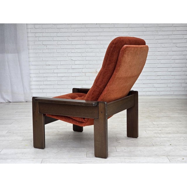 1970s Danish Armchair in Orange-Red Velour and Dark Oak Wood, 1970s For Sale - Image 5 of 17