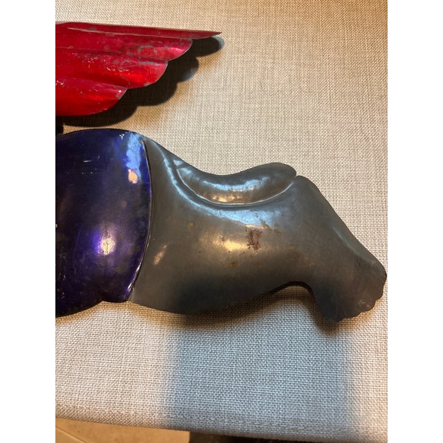 Slate Gray Large and Rare Vintage Mexican Tin Folk Art Angels – 24″ Hand-Painted Trumpet Wall Pair For Sale - Image 8 of 11