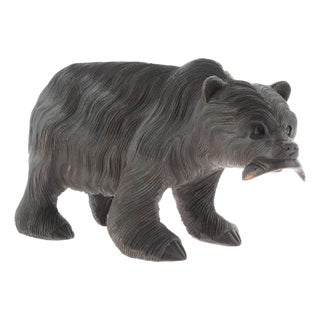 Antique Japanese Carved Wooden Hokkaido Ainu Bear with Salmon Sculpture For Sale