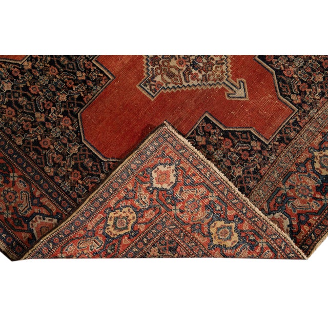 Orange Orange Antique Senneh Handmade Wool Rug For Sale - Image 8 of 13