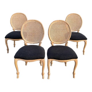 Late 20th Century Carved Cane Back Knotted Rope and Tassel Dining Chairs - Set of 4 For Sale