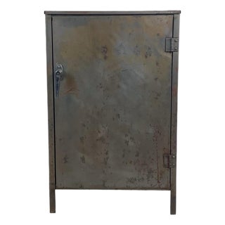Vintage Industrial Metal Cabinet With Shelves and Weathered Patina For Sale