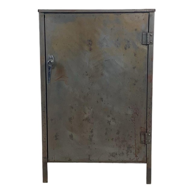 Vintage Industrial Metal Cabinet With Shelves and Weathered Patina For Sale