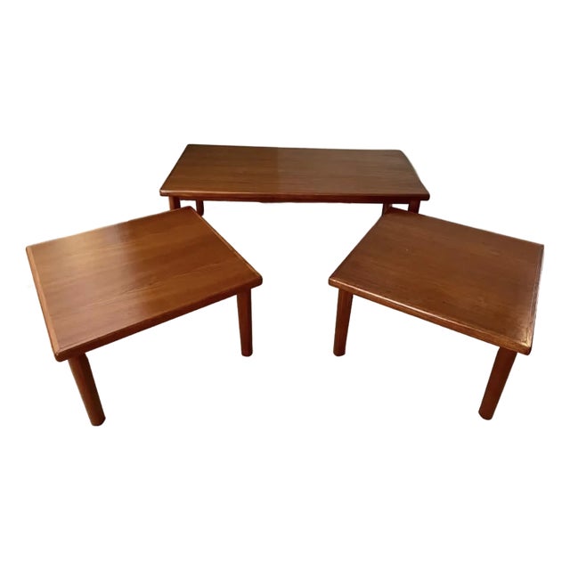 Vintage 1960's MCM Scandinavian Teak Wood Coffee and End Table Set of Three For Sale