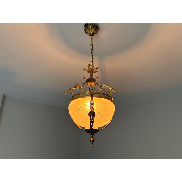 1960s French Brass & Etched Glass Bowl Pendant Light - Restored For Sale - Image 6 of 18