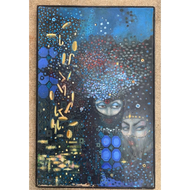 Abstract figural oil painting on canvas by listed artist Stephania Lestier. Lestier attended the Pennsylvania Academy of...