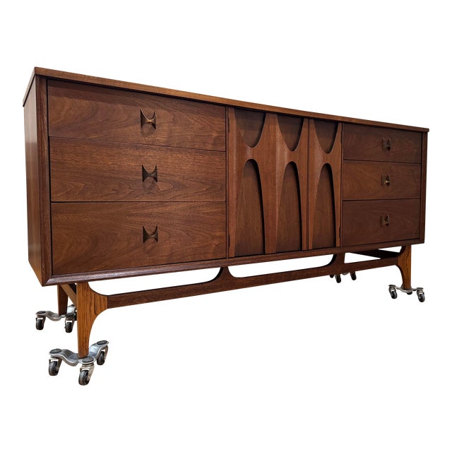 1960s Mid Century Modern Broyhill Brasilia Lowboy Walnut Triple Dresser For Sale