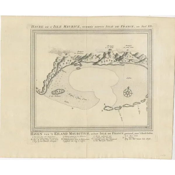 Antique print titled 'Havre de l'Isle Maurice (\.) - Haven van 't Eiland Mauritius (\.)'. Bird's eye view of the bay of...