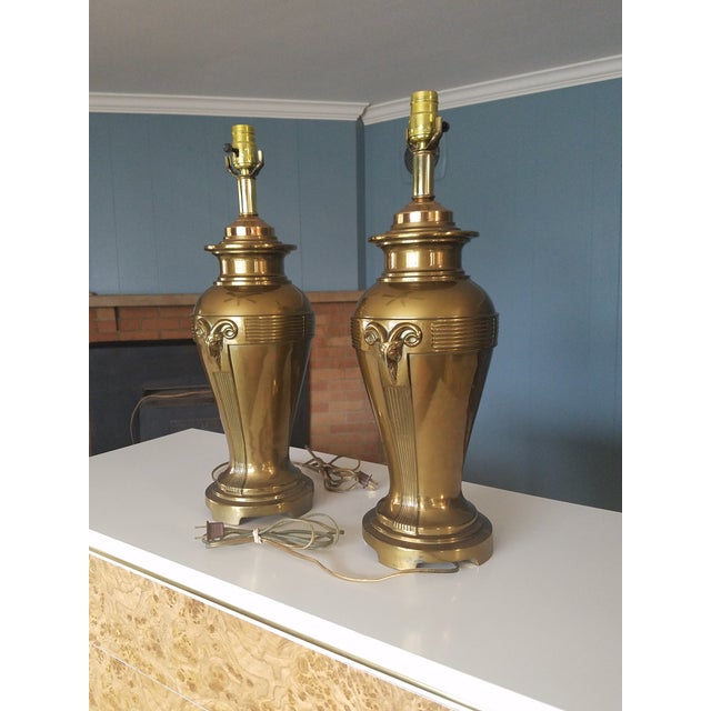 Art Deco Vintage Brass Lamps With Rams Head Motif - a Pair For Sale - Image 3 of 13