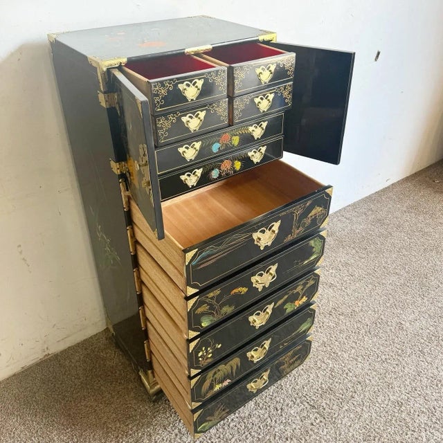 Wood Chinese Black Lacquered Hand Painted Lingerie Chest With Gold Accents For Sale - Image 7 of 12