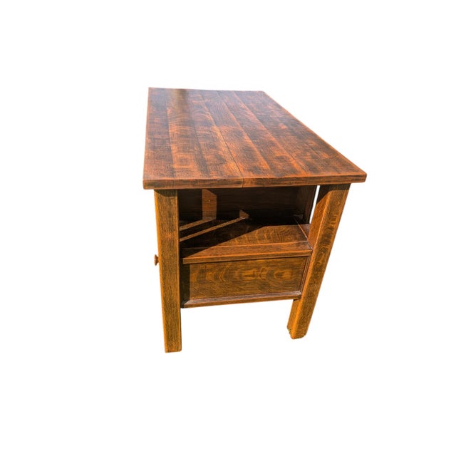 Arts & Crafts Antique Mission Style Quartersawn Oak Desk | Arts & Crafts Era Kneehole Library Writing Table For Sale - Image 3 of 17