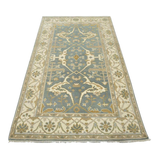 Oushak Rug 5’1” X 8’2” Blue Wool Tribal Hand-Knotted Oriental Carpet For Sale
