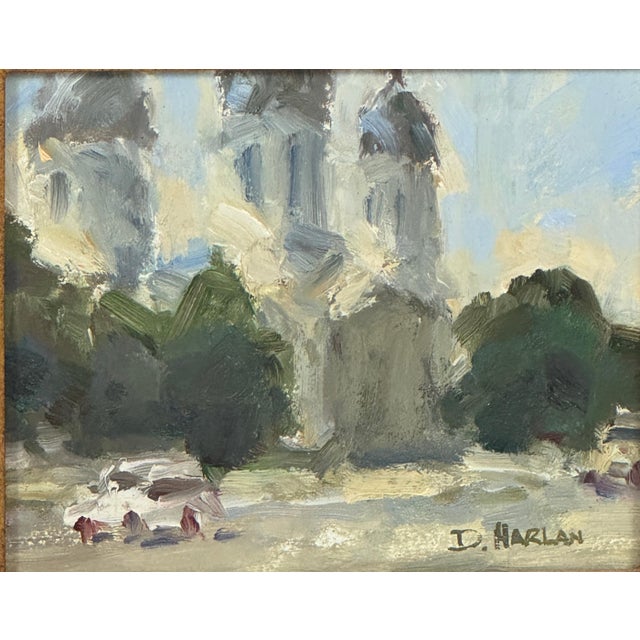 David Harlan, American, 1933-2023. Church Towers, oil on panel ca 1970. Signed lower right, titled on verso.