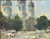 David Harlan, American, 1933-2023. Church Towers, oil on panel ca 1970. Signed lower right, titled on verso.